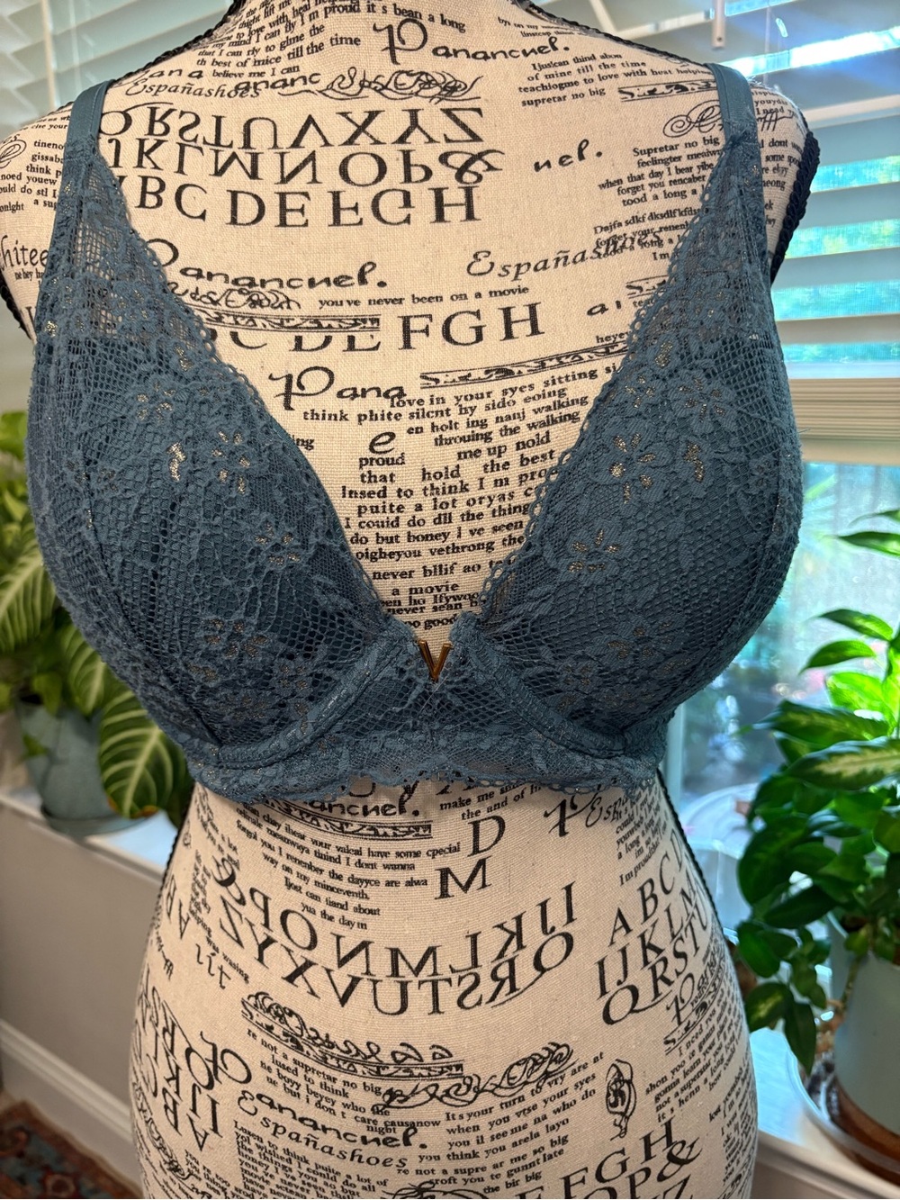 Victoria's Secret Lace Plunge Bra in Slate Blue with yellow metallic flowers.